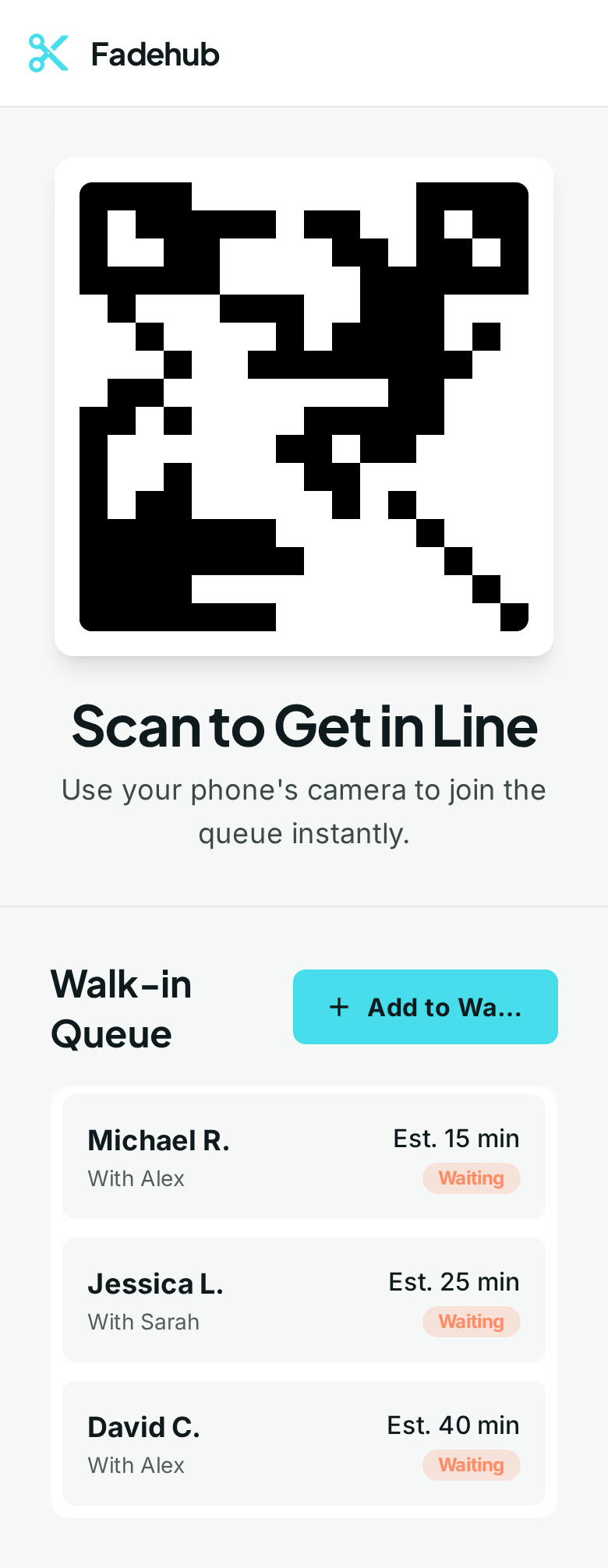 QR code check-in system with walk-in queue management